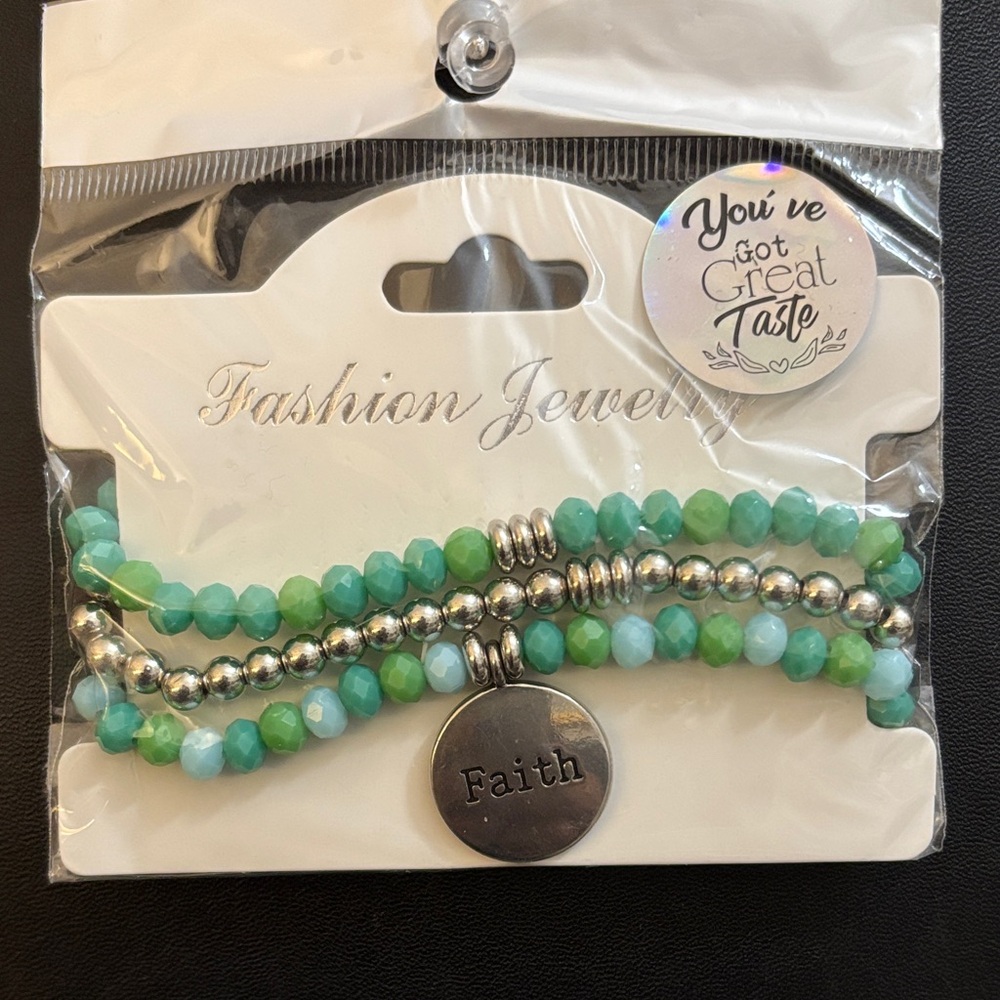 Silver and Green Beaded Faith Bracelet